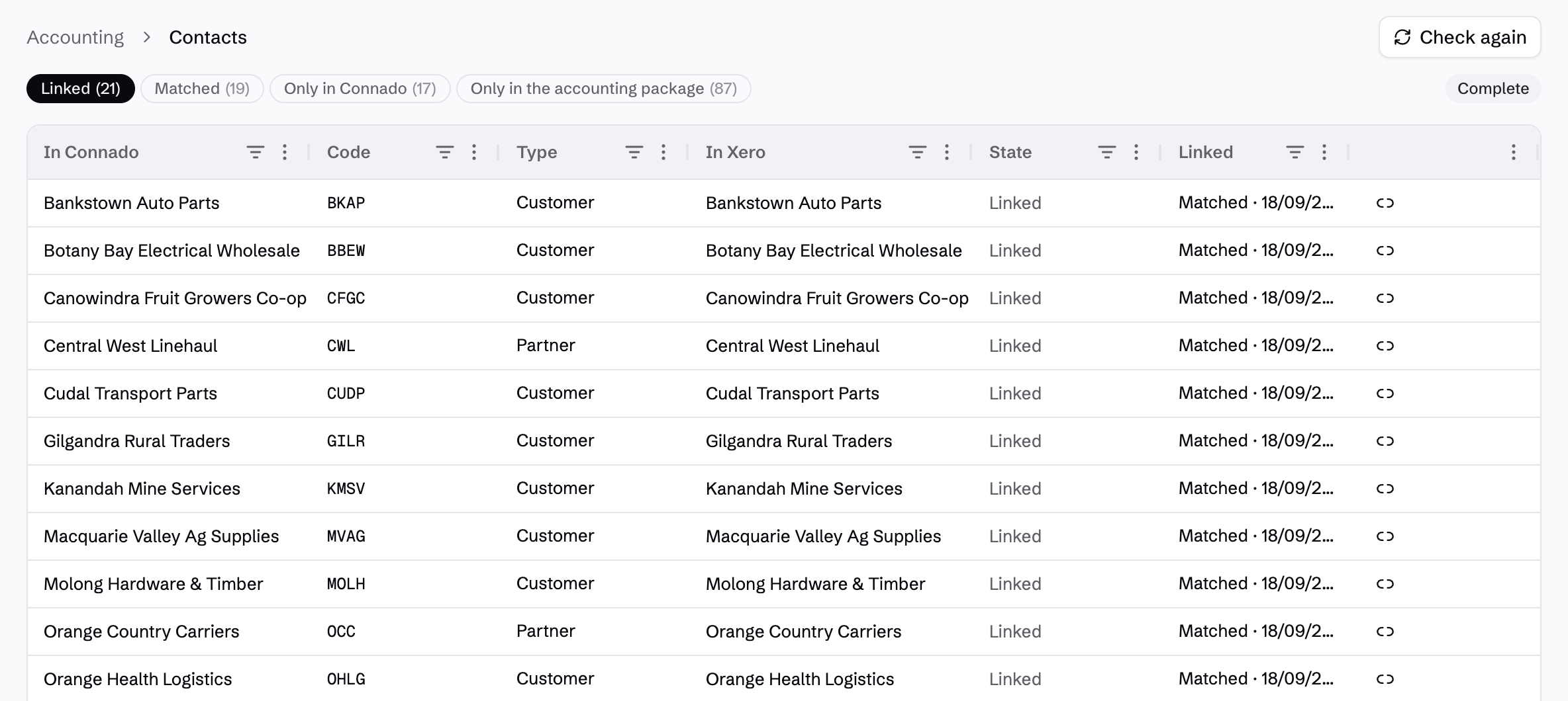 Accounting contact reconciliation with linked and matched contacts