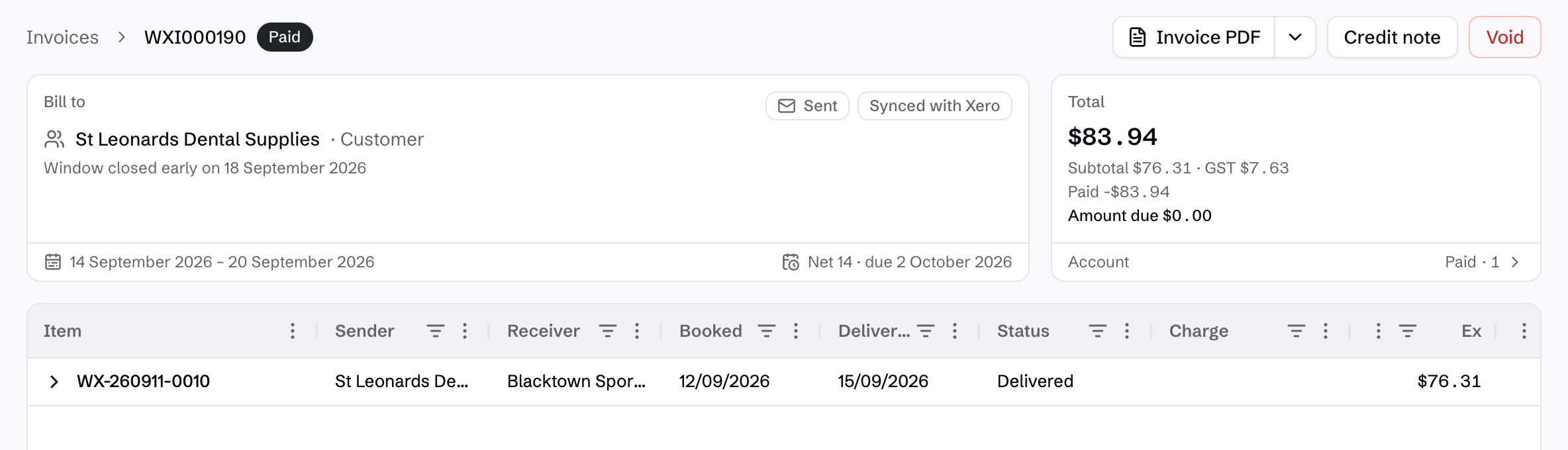 Released invoice with linked consignment and billing terms
