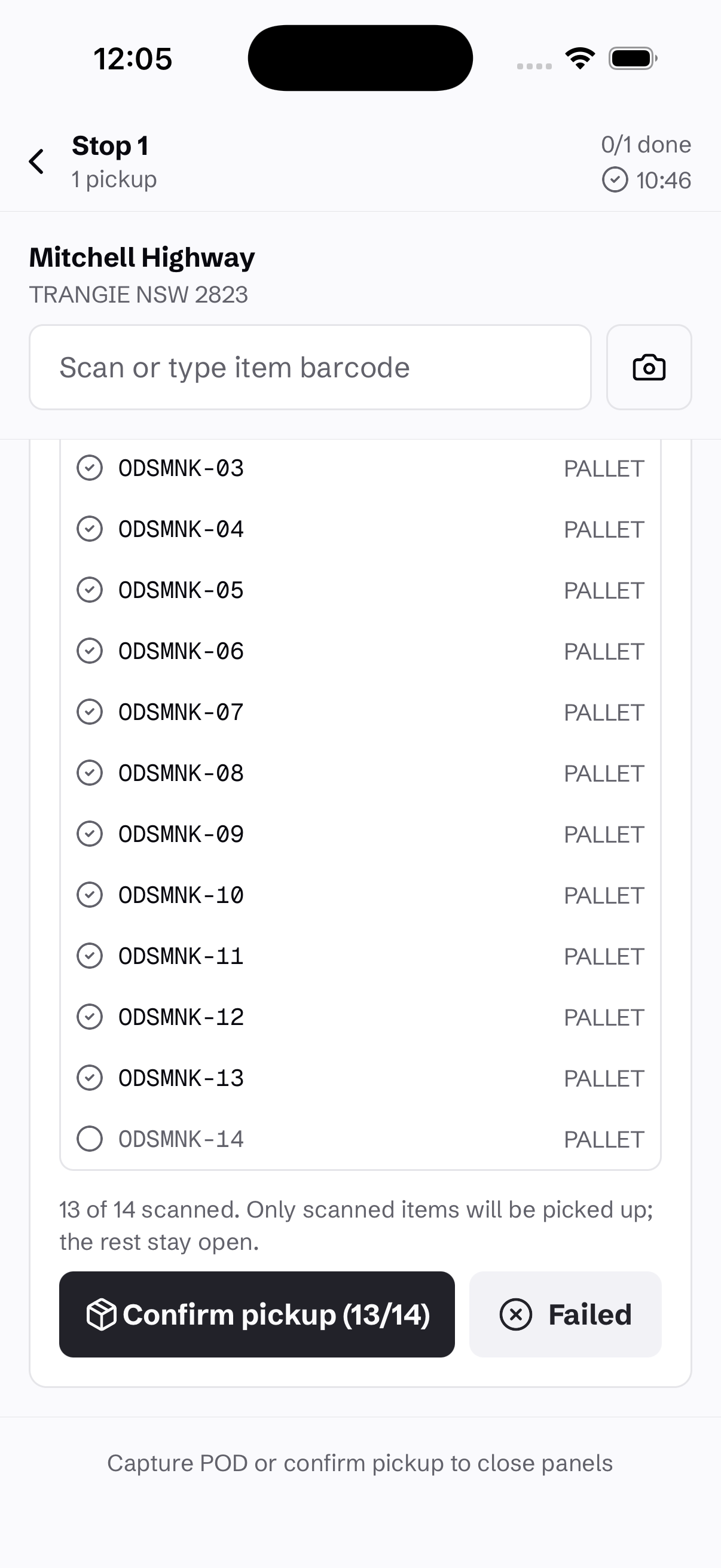 Courier pickup checklist showing individual freight items scanned