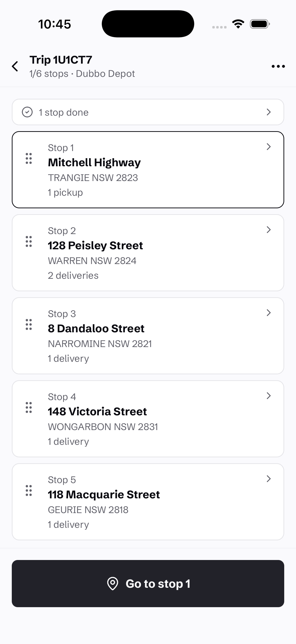 Connado iOS trip showing ordered pickup and delivery stops