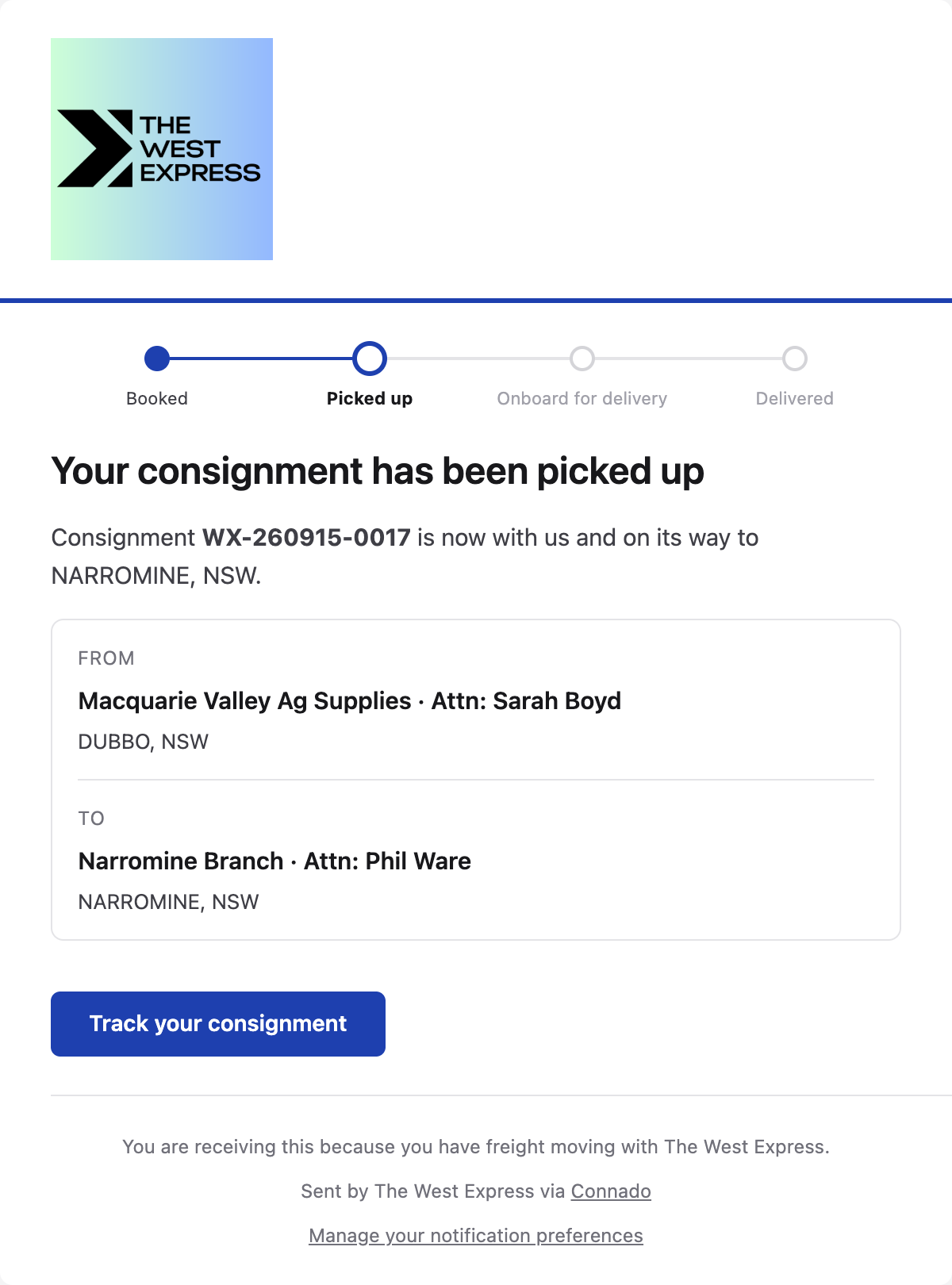 Pickup notification email for freight moving from Dubbo to Narromine