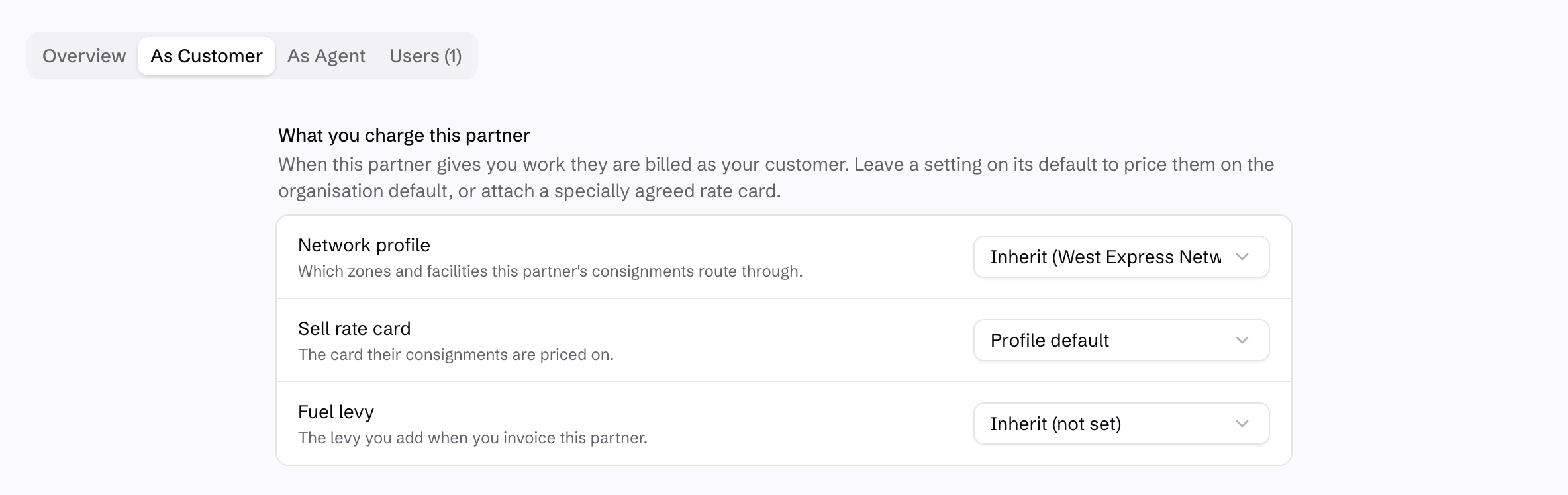 Partner As Customer settings showing network profile, sell rate card and fuel levy