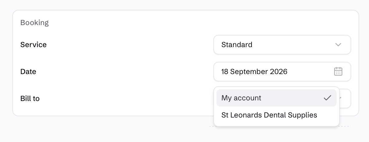 Customer portal booking showing My account and St Leonards Dental Supplies as authorised billing choices