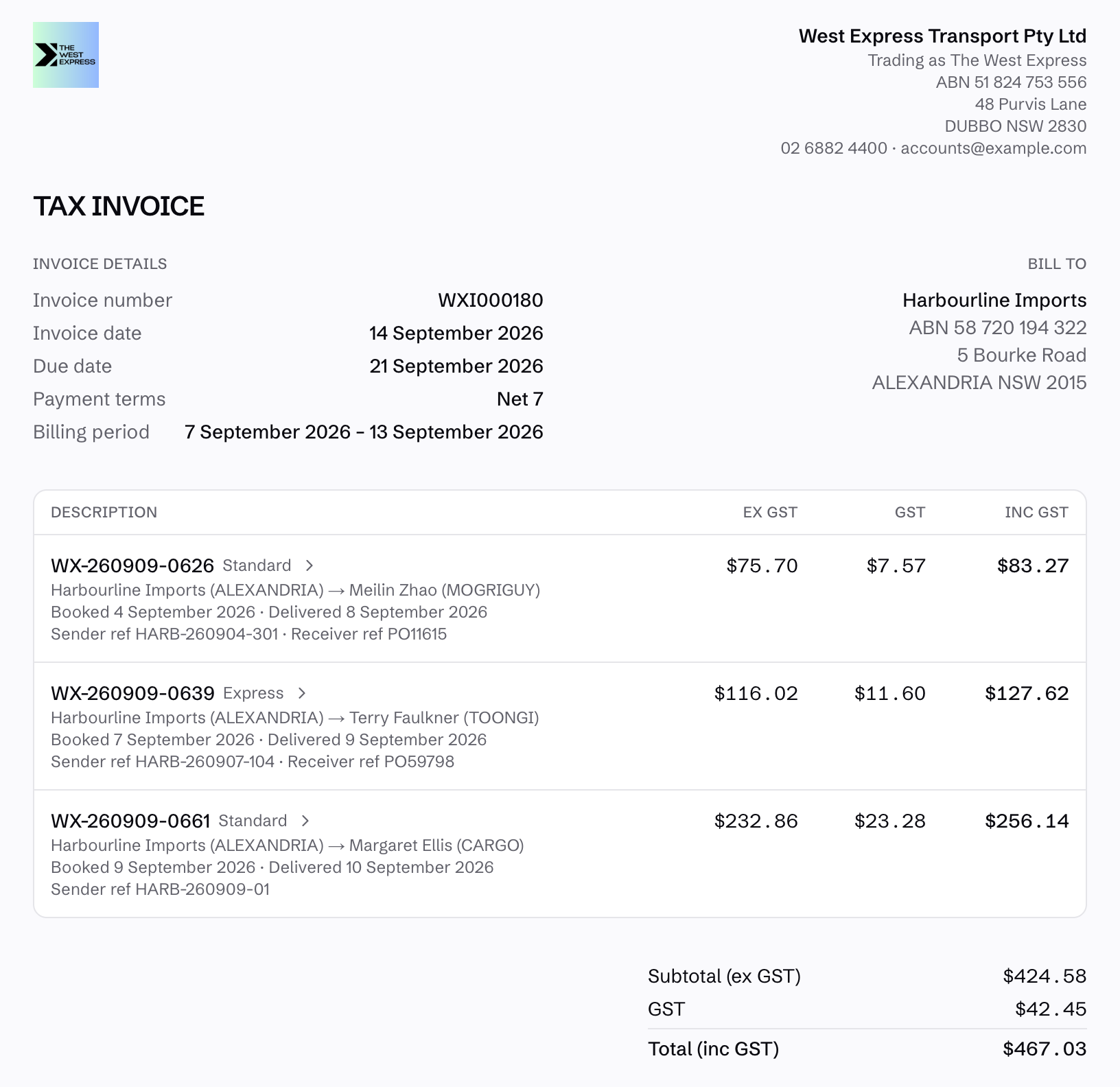 Harbourline customer portal tax invoice with three consignments, references, delivery dates and totals