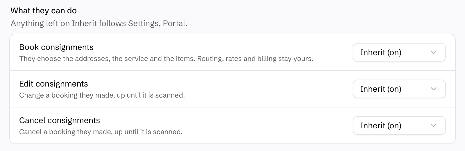 Office settings for customer portal booking, editing and cancellation permissions