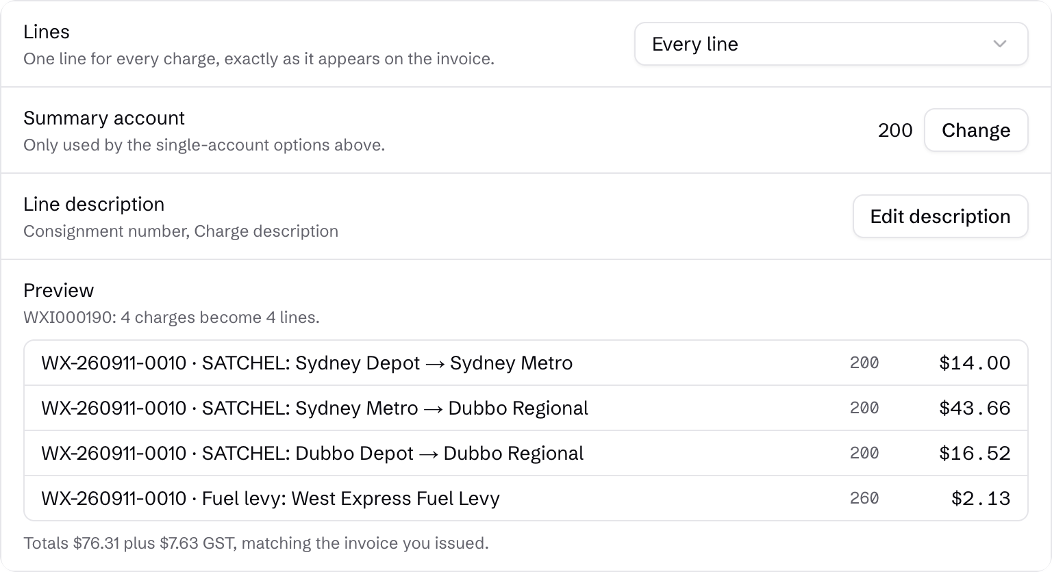 Accounting integration preview showing invoice descriptions and mapped revenue accounts