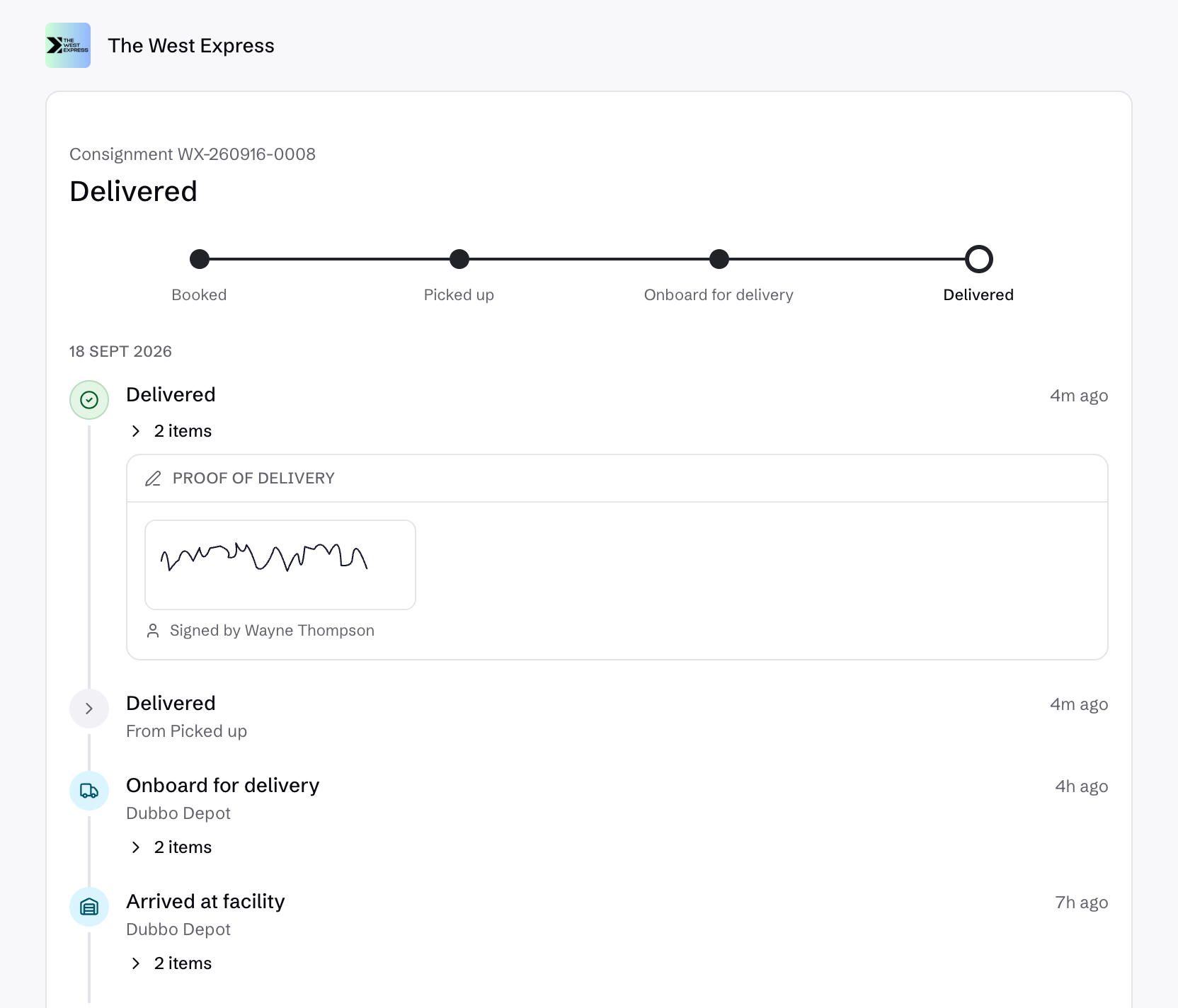Public tracking page showing delivered freight and signed proof of delivery